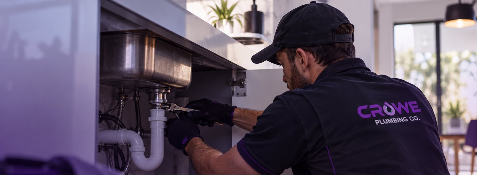 Plumber working under a kitchen sink
