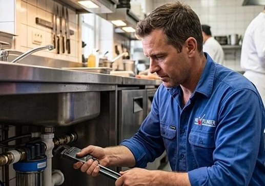 Plumber servicing a commercial kitchen