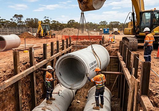 Drainage crew installing large pipes