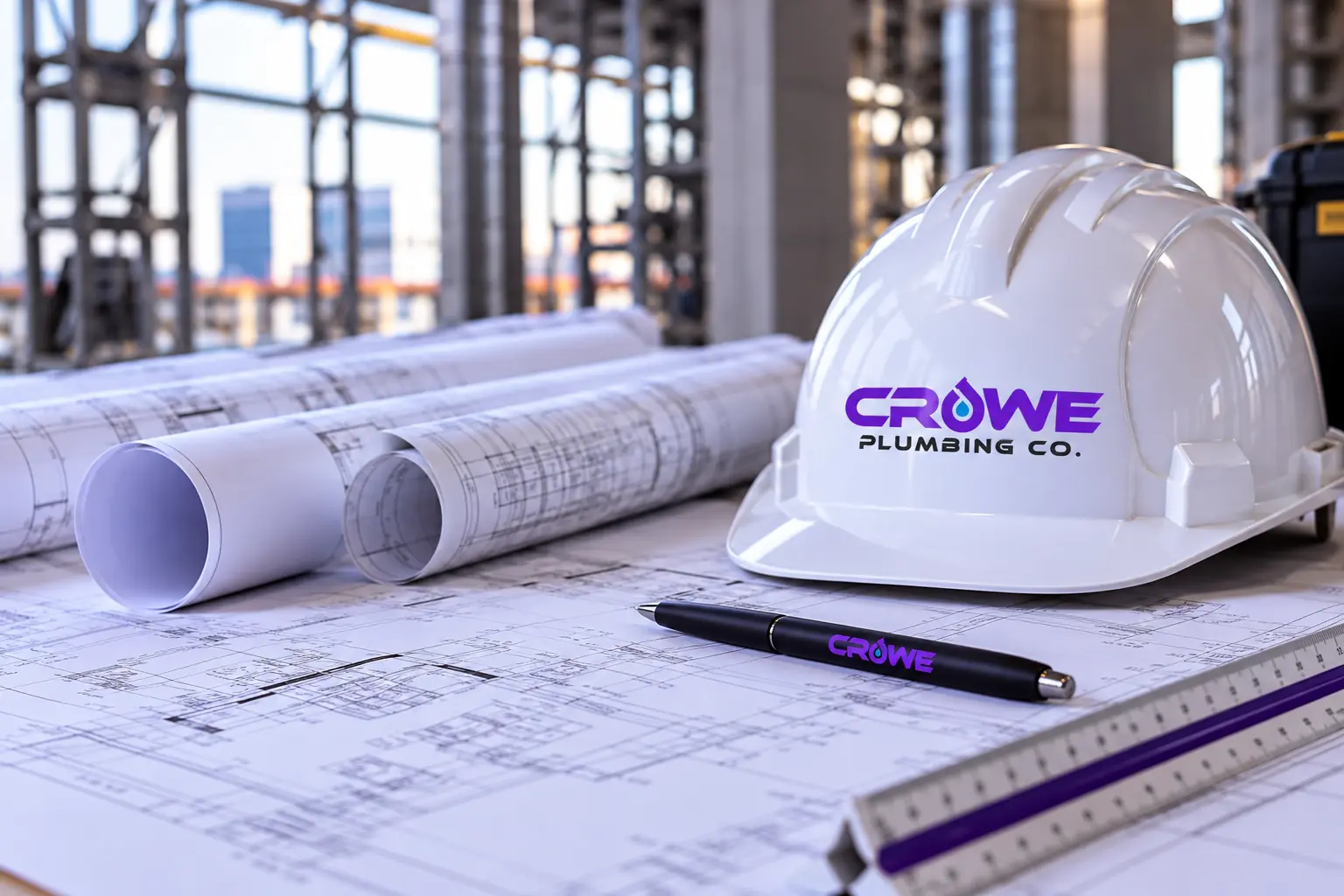 Crowe hard hat, plans, and pen on a construction desk